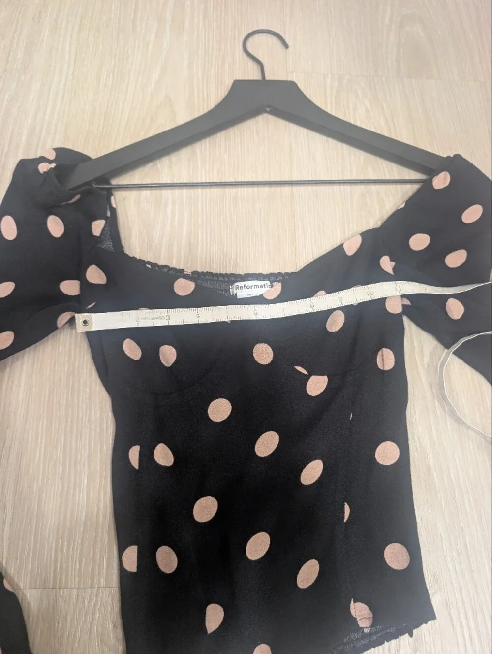 Reformation Black And Pink Polka Dot Smocked Top